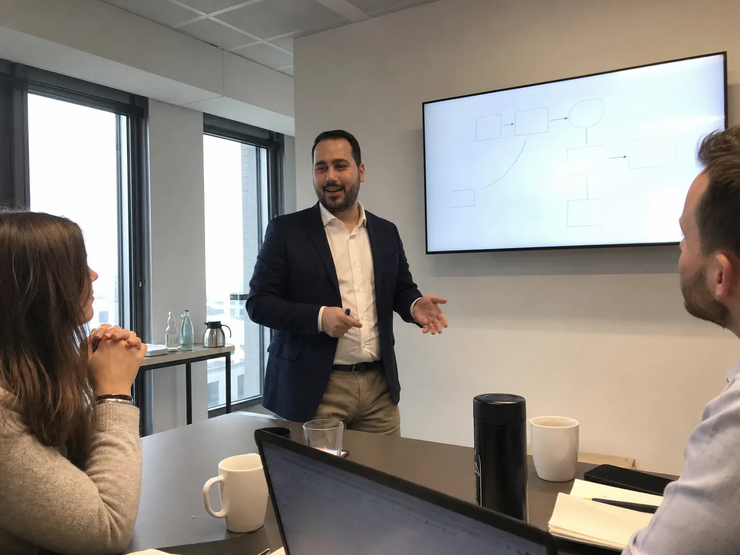 Emre Kayahan stellt Kunden in einem Meeting einen Prozessablauf vor